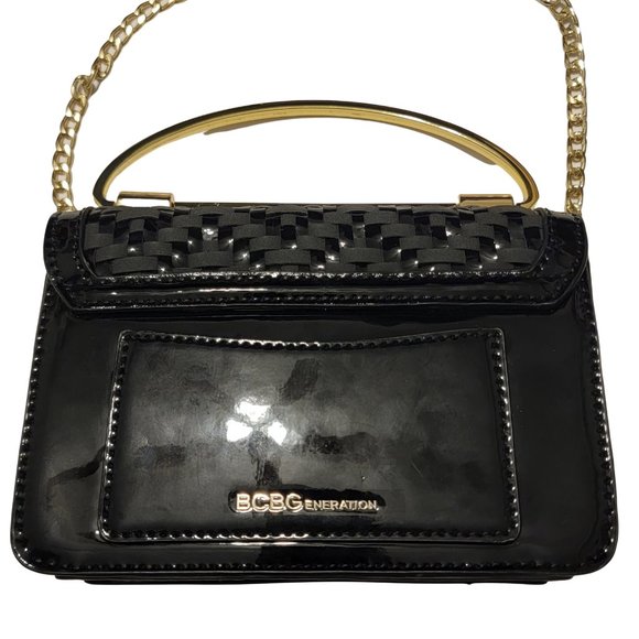BCBGeneration Shiny Black Evening/Clutch Purse with Strap & Gold Metal Handle - Picture 4 of 10